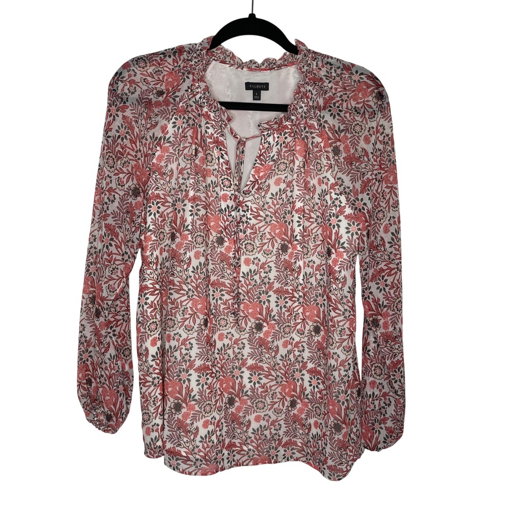 Talbots Floral Blouse Womens Small Ruffle Tie Neck Top Career Wear Classic Boho